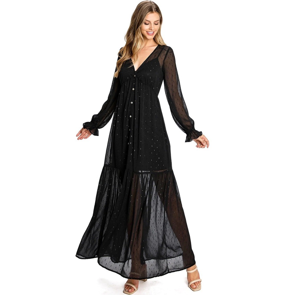 Love Stitch Metallic Clip Dot Maxi Dress Womens Size L Black Boho Long Sleeve L